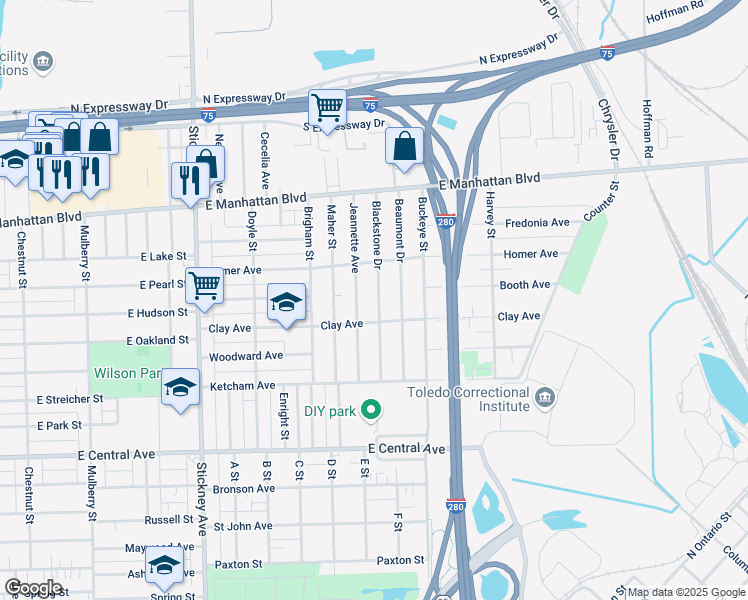 map of restaurants, bars, coffee shops, grocery stores, and more near 3323 Blackstone Drive in Toledo