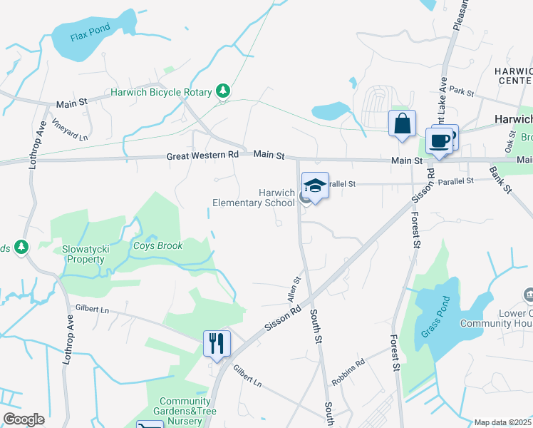 map of restaurants, bars, coffee shops, grocery stores, and more near 34 Bishops Lane in Harwich