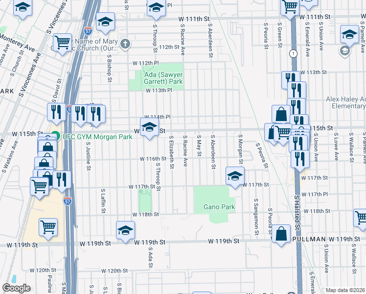 map of restaurants, bars, coffee shops, grocery stores, and more near 11551 South Elizabeth Street in Chicago