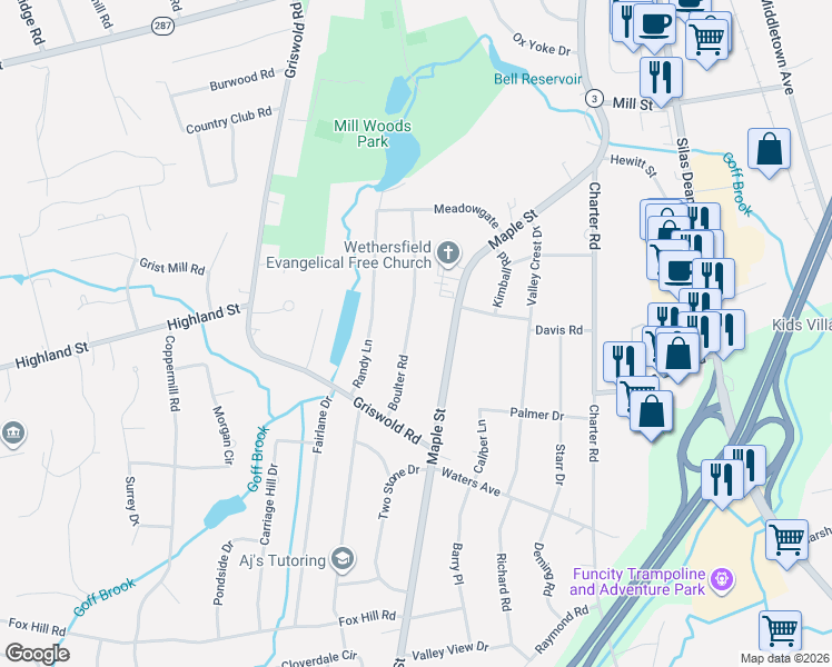 map of restaurants, bars, coffee shops, grocery stores, and more near 66 Boulter Road in Wethersfield