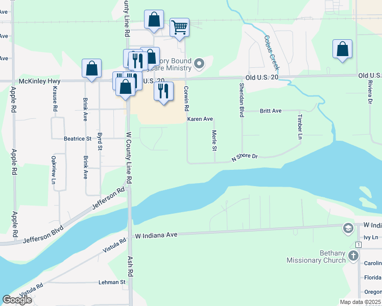 map of restaurants, bars, coffee shops, grocery stores, and more near 55818 Corwin Street in Elkhart