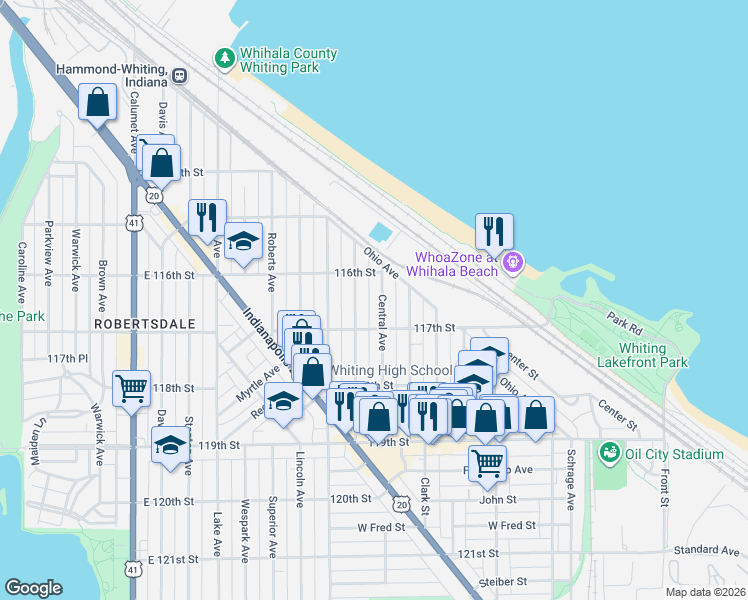 map of restaurants, bars, coffee shops, grocery stores, and more near 1634 Central Avenue in Whiting