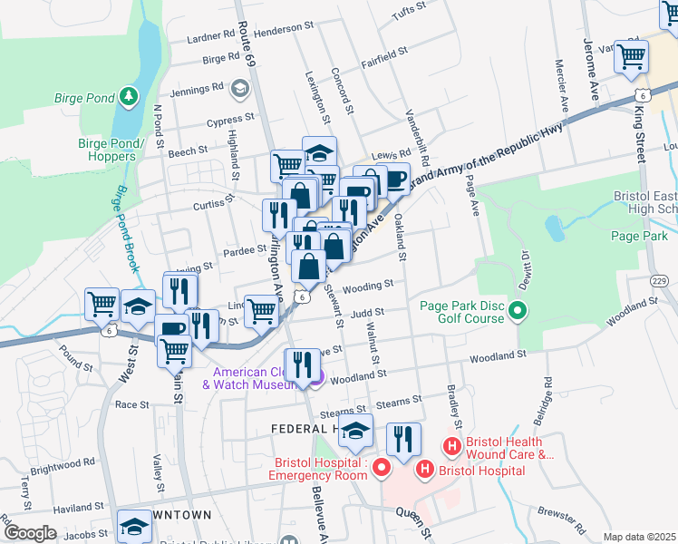 map of restaurants, bars, coffee shops, grocery stores, and more near 84 Farmington Avenue in Bristol