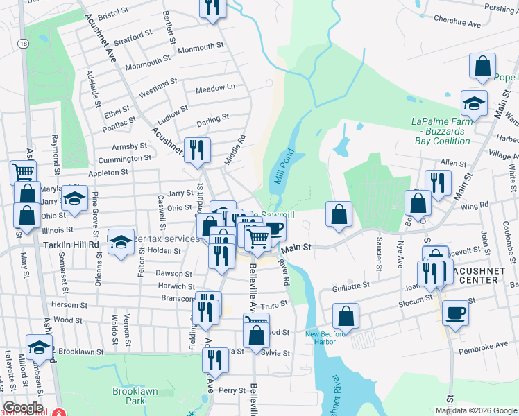map of restaurants, bars, coffee shops, grocery stores, and more near 55 Mill Road in New Bedford