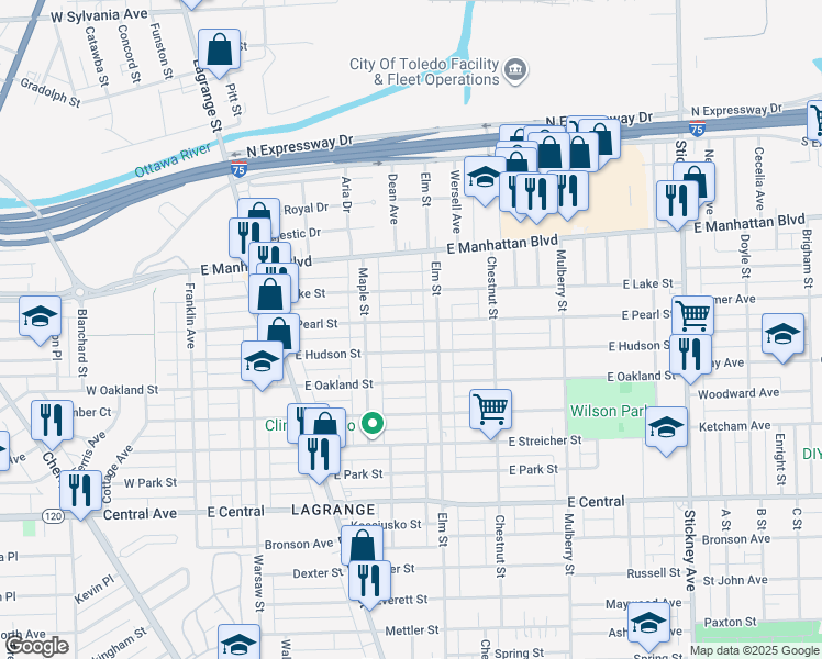 map of restaurants, bars, coffee shops, grocery stores, and more near 339 East Hudson Street in Toledo