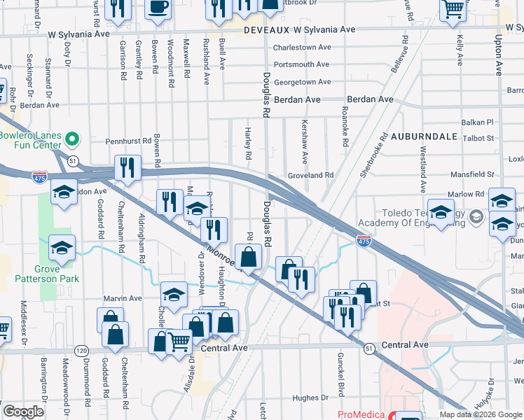map of restaurants, bars, coffee shops, grocery stores, and more near 3437 Douglas Road in Toledo