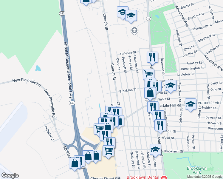 map of restaurants, bars, coffee shops, grocery stores, and more near 633 Church Street in New Bedford