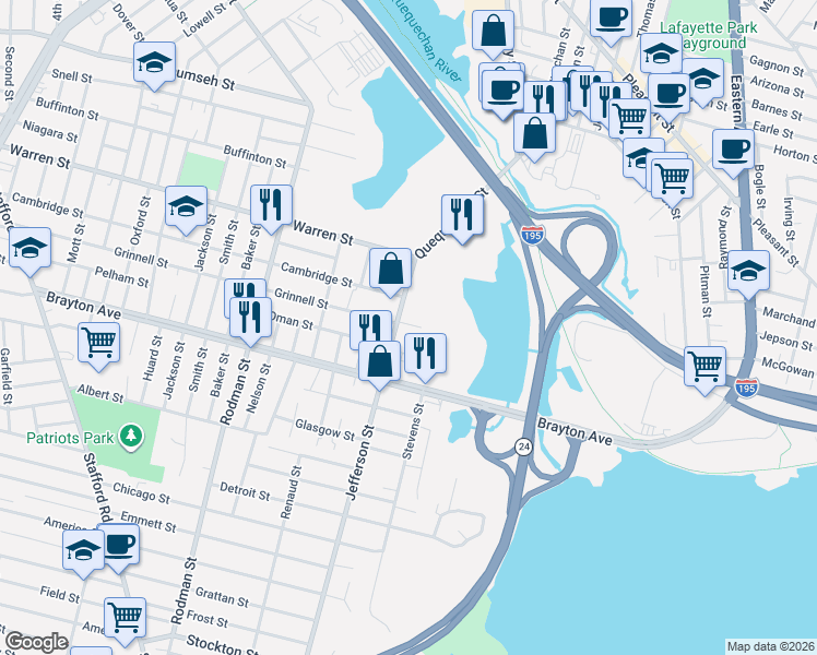 map of restaurants, bars, coffee shops, grocery stores, and more near 172 Jefferson Street in Fall River