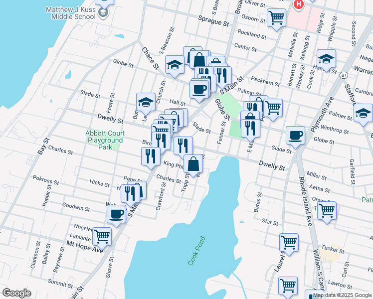 map of restaurants, bars, coffee shops, grocery stores, and more near 152 Tuttle Street in Fall River