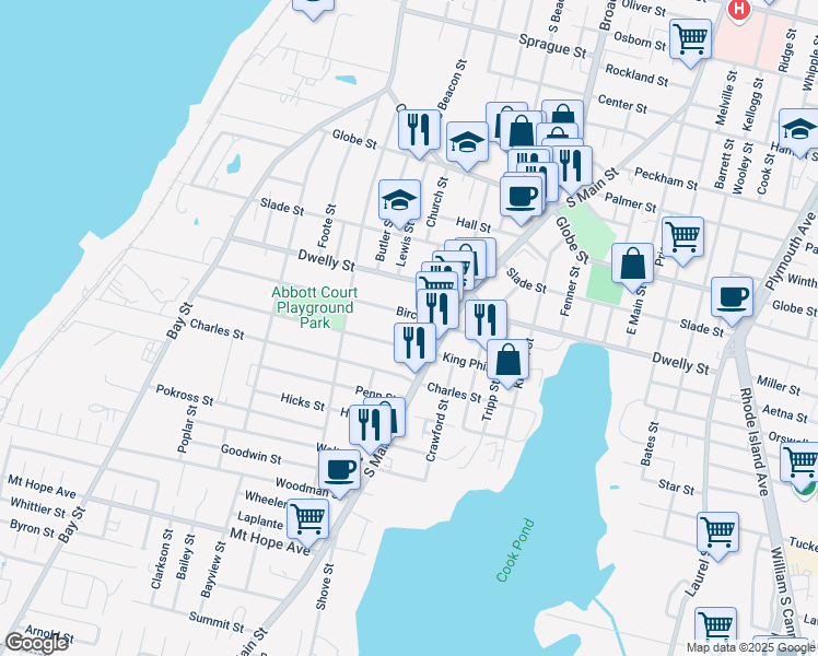 map of restaurants, bars, coffee shops, grocery stores, and more near 684 King Philip Street in Fall River