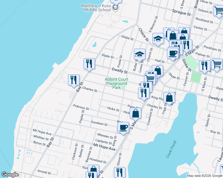 map of restaurants, bars, coffee shops, grocery stores, and more near 496 Charles Street in Fall River