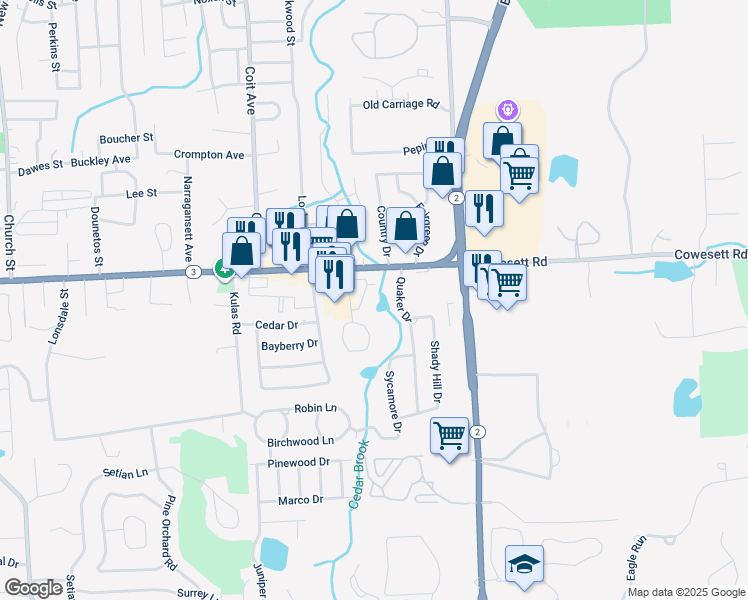 map of restaurants, bars, coffee shops, grocery stores, and more near 36 Village Court in West Warwick