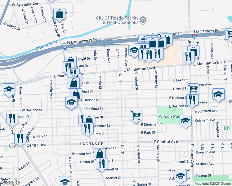 map of restaurants, bars, coffee shops, grocery stores, and more near 3335 Elm Street in Toledo