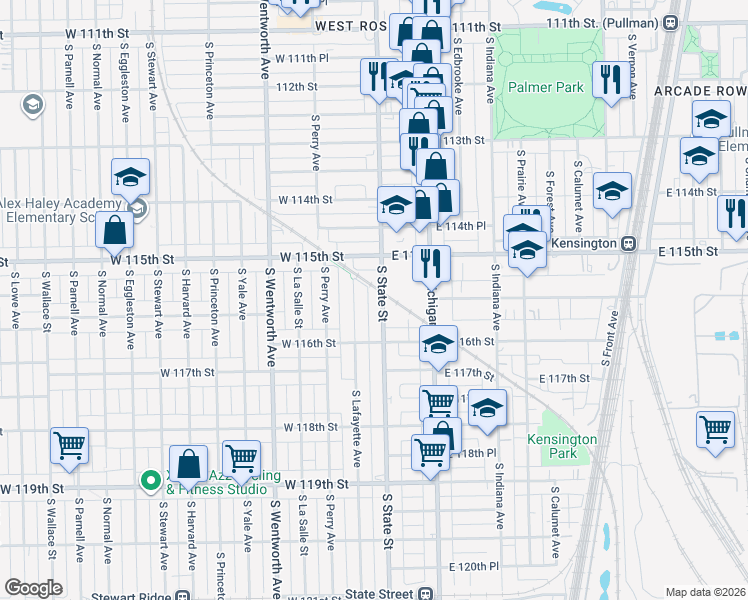 map of restaurants, bars, coffee shops, grocery stores, and more near 11563 South State Street in Chicago