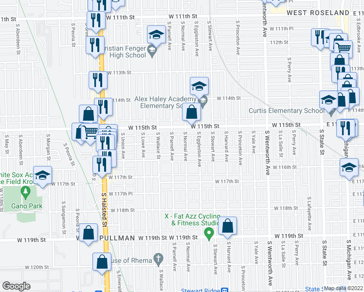 map of restaurants, bars, coffee shops, grocery stores, and more near 448 West 116th Street in Chicago