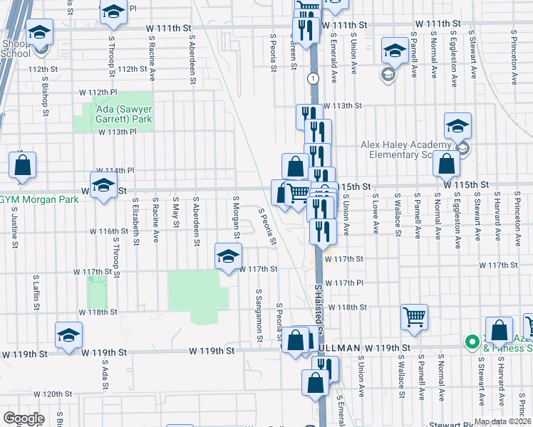 map of restaurants, bars, coffee shops, grocery stores, and more near 11557 South Peoria Street in Chicago