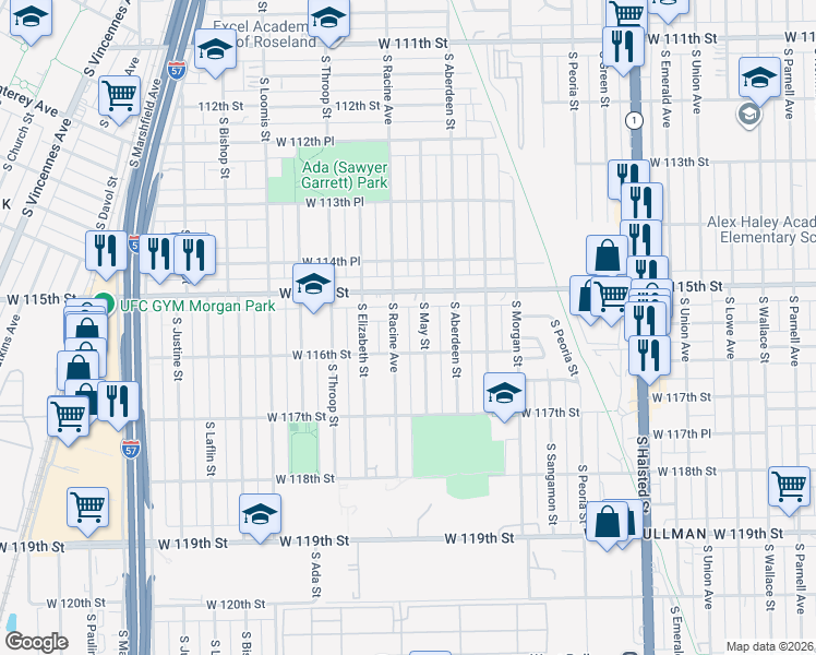 map of restaurants, bars, coffee shops, grocery stores, and more near 11550 South May Street in Chicago