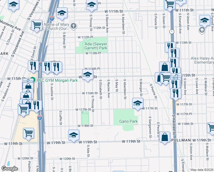 map of restaurants, bars, coffee shops, grocery stores, and more near 11551 South Elizabeth Street in Chicago