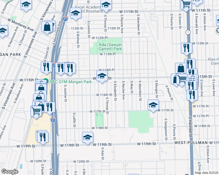 map of restaurants, bars, coffee shops, grocery stores, and more near 11549 South Throop Street in Chicago