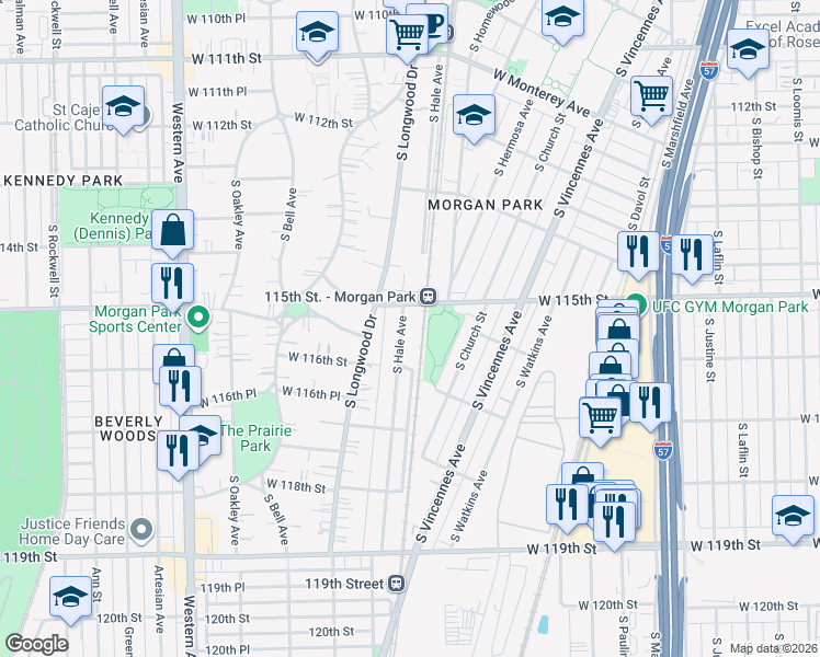 map of restaurants, bars, coffee shops, grocery stores, and more near 11539 South Hale Avenue in Chicago