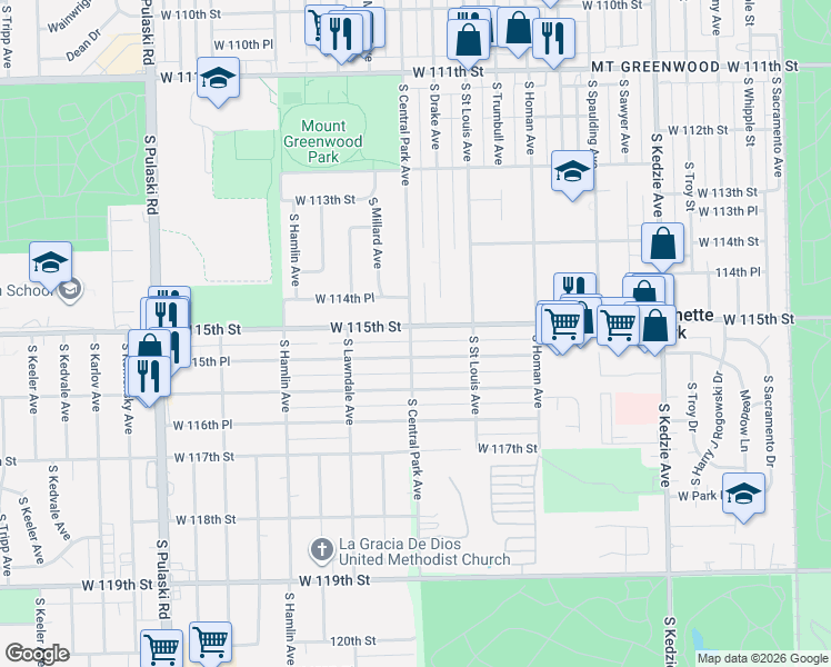 map of restaurants, bars, coffee shops, grocery stores, and more near 3540 West 115th Place in Chicago