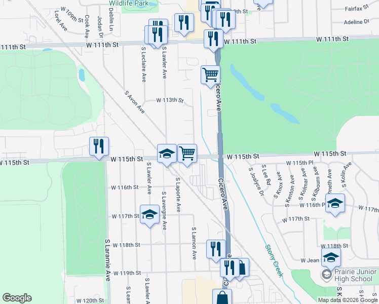 map of restaurants, bars, coffee shops, grocery stores, and more near 4855 West 115th Street in Alsip