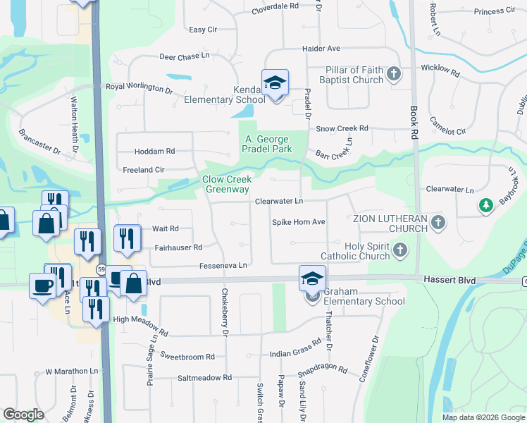 map of restaurants, bars, coffee shops, grocery stores, and more near 4716 Fesseneva Lane in Naperville