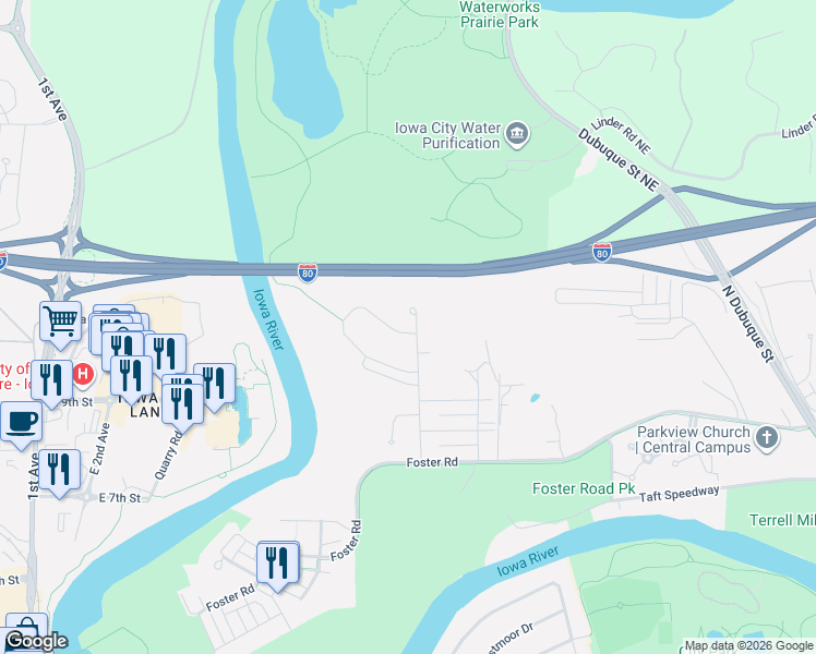 map of restaurants, bars, coffee shops, grocery stores, and more near 2024 Mackinaw Drive in Iowa City