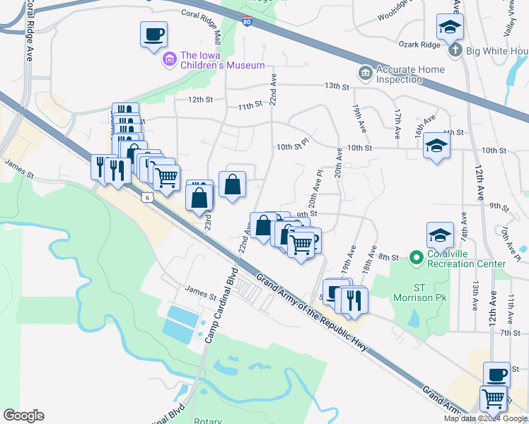 map of restaurants, bars, coffee shops, grocery stores, and more near 2121 9th Street in Coralville