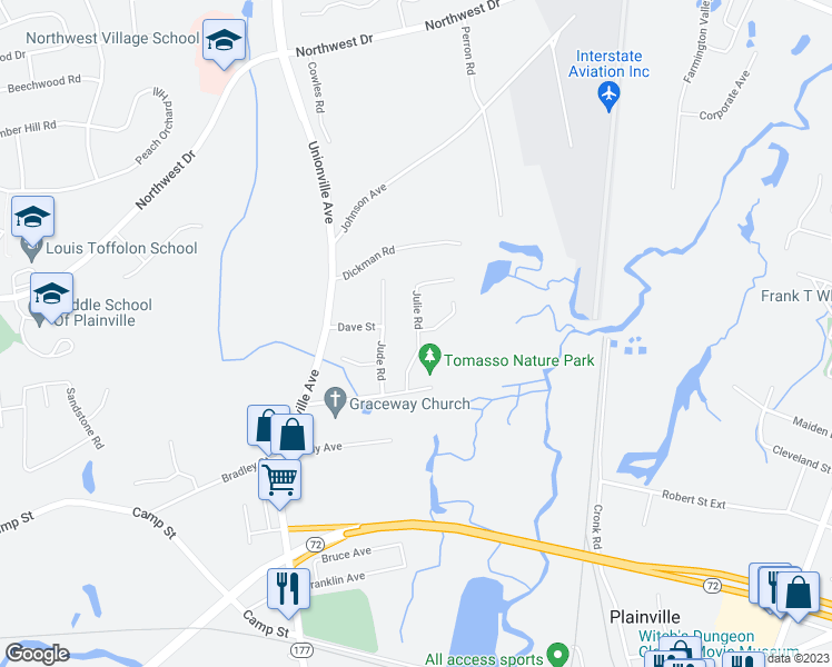 map of restaurants, bars, coffee shops, grocery stores, and more near 15 Julie Road in Plainville
