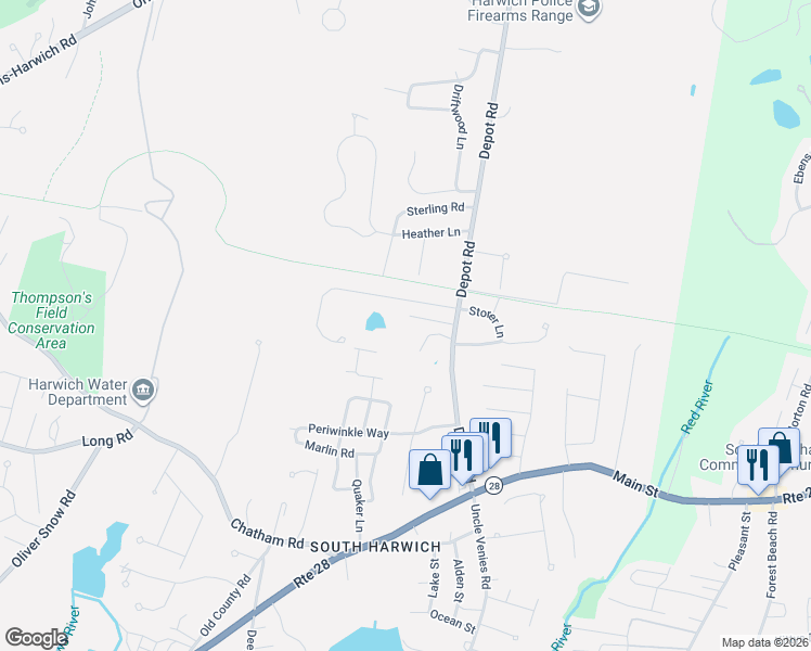 map of restaurants, bars, coffee shops, grocery stores, and more near 74 Depot Road in Harwich