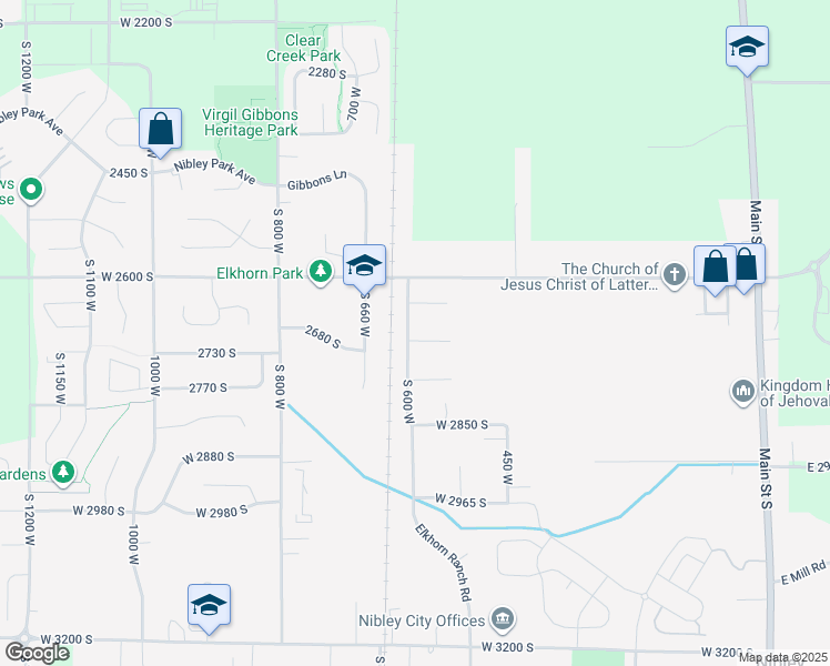 map of restaurants, bars, coffee shops, grocery stores, and more near 2680 South 600 West in Nibley