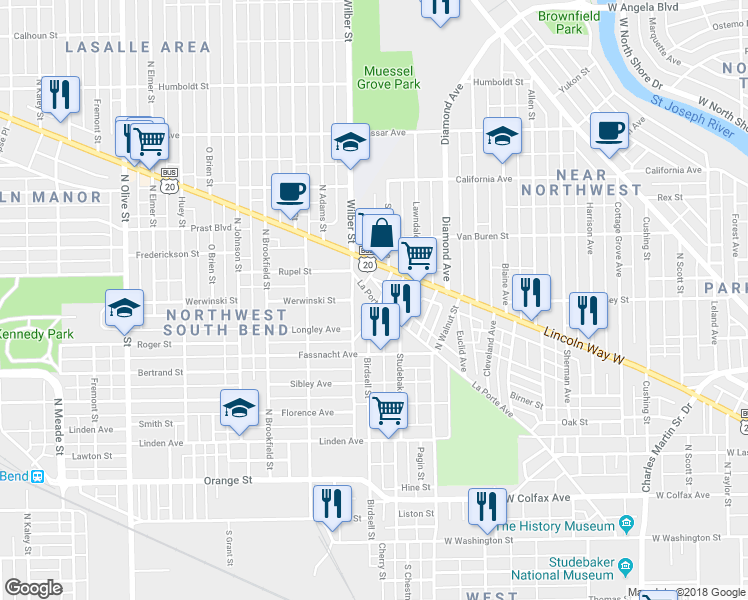 map of restaurants, bars, coffee shops, grocery stores, and more near 702 La Porte Avenue in South Bend