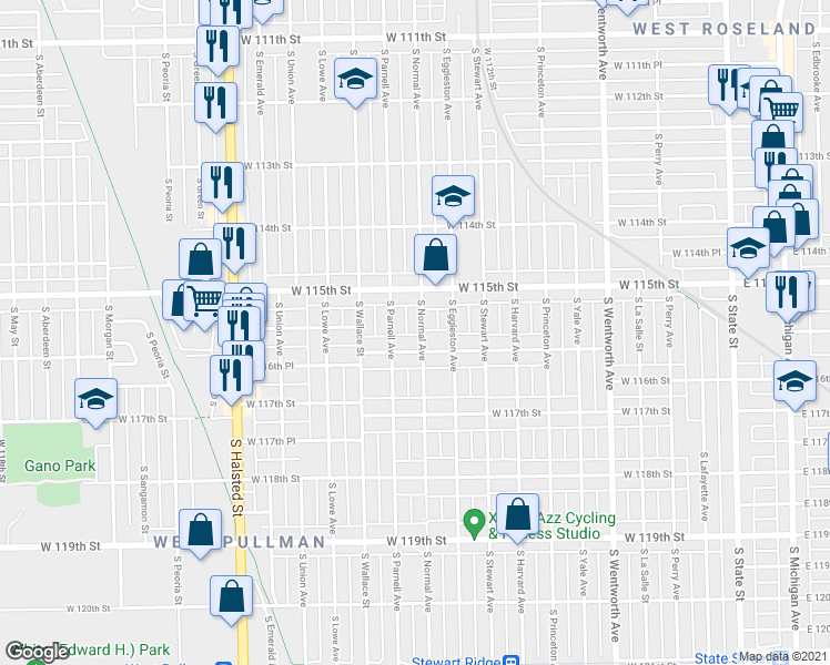 map of restaurants, bars, coffee shops, grocery stores, and more near 11542 South Normal Avenue in Chicago