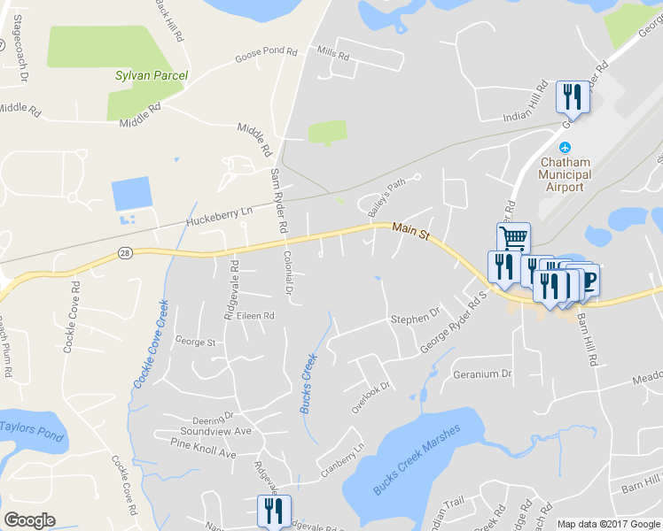 map of restaurants, bars, coffee shops, grocery stores, and more near 37 Lorenzo Buck Way in Chatham