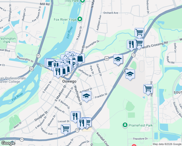 map of restaurants, bars, coffee shops, grocery stores, and more near 39 Park Street in Oswego