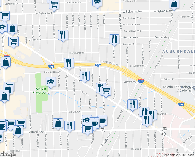 map of restaurants, bars, coffee shops, grocery stores, and more near 3505 Rushland Avenue in Toledo