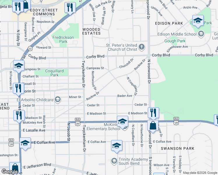 map of restaurants, bars, coffee shops, grocery stores, and more near 1723 Bader Avenue in South Bend