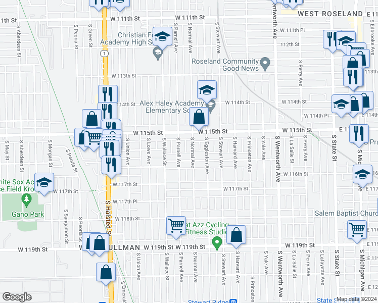 map of restaurants, bars, coffee shops, grocery stores, and more near 11540 South Normal Avenue in Chicago