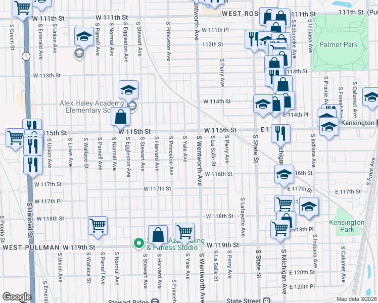 map of restaurants, bars, coffee shops, grocery stores, and more near 11545 South Yale Avenue in Chicago