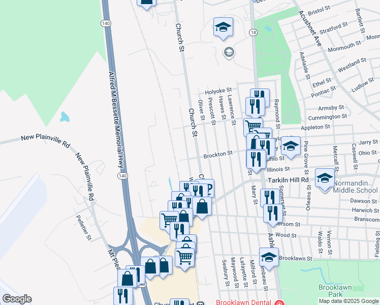 map of restaurants, bars, coffee shops, grocery stores, and more near 633 Church Street in New Bedford