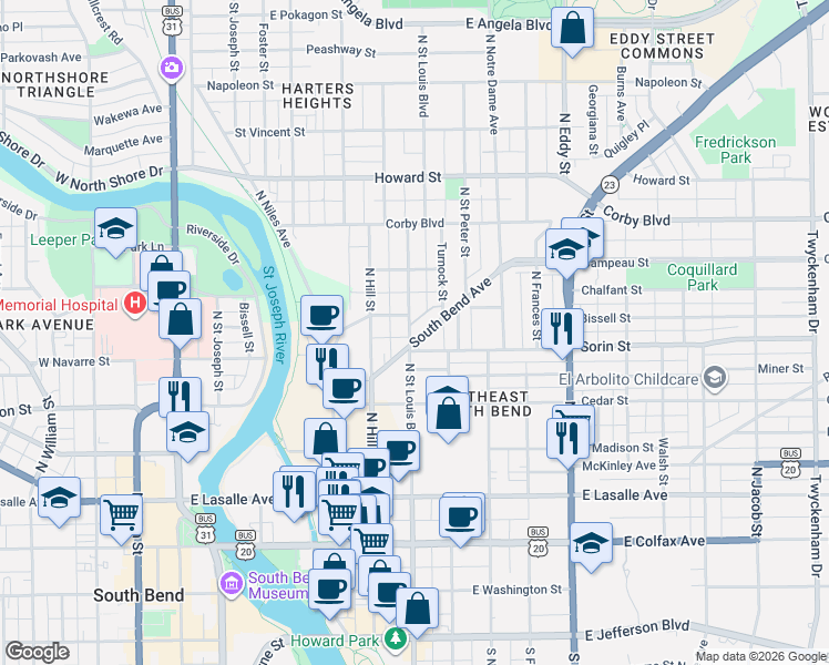 map of restaurants, bars, coffee shops, grocery stores, and more near 708 South Bend Avenue in South Bend