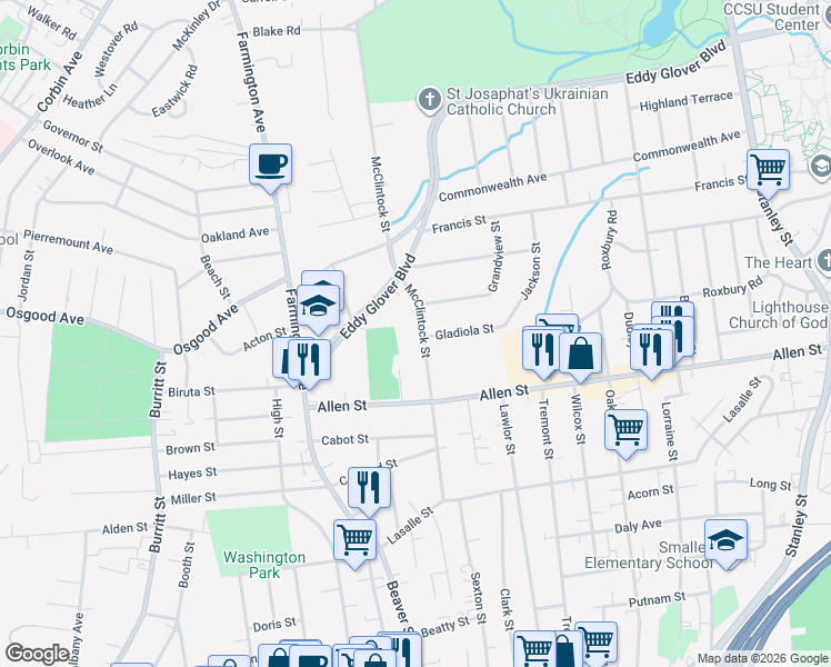 map of restaurants, bars, coffee shops, grocery stores, and more near 176 McClintock Street in New Britain