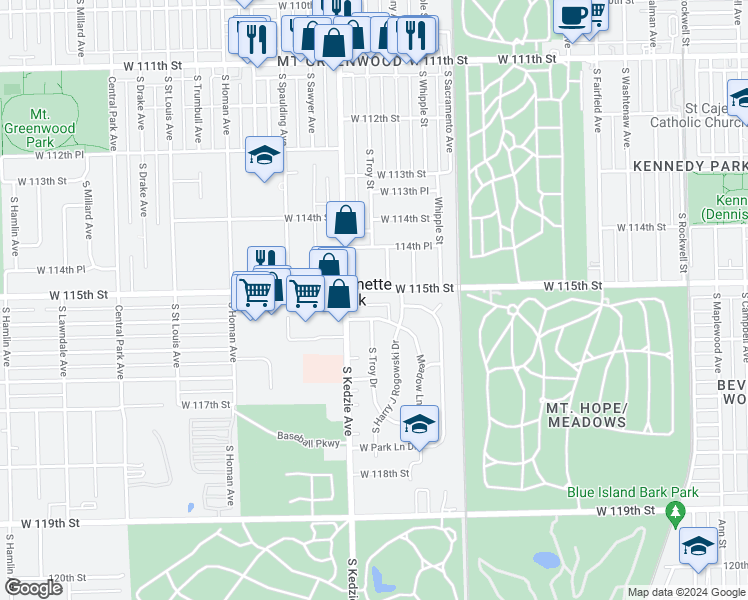 map of restaurants, bars, coffee shops, grocery stores, and more near 3171 West 115th Street in Merrionette Park