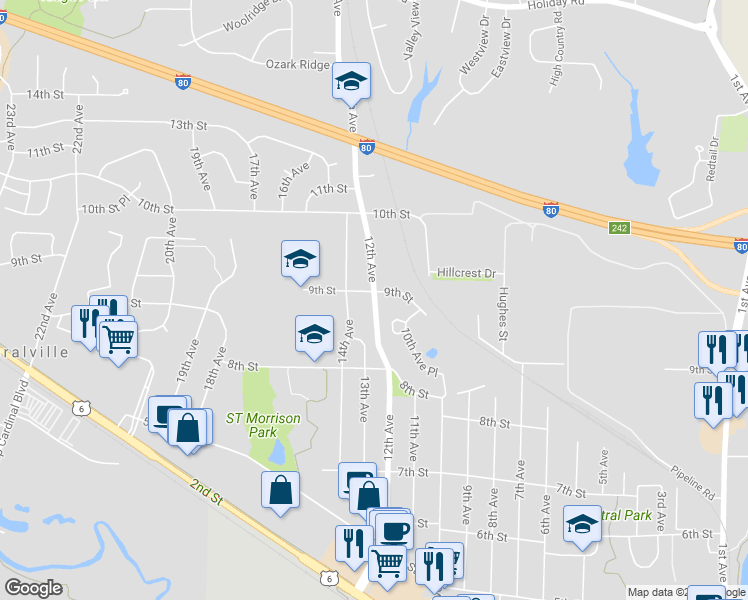 map of restaurants, bars, coffee shops, grocery stores, and more near 838 12th Avenue in Coralville