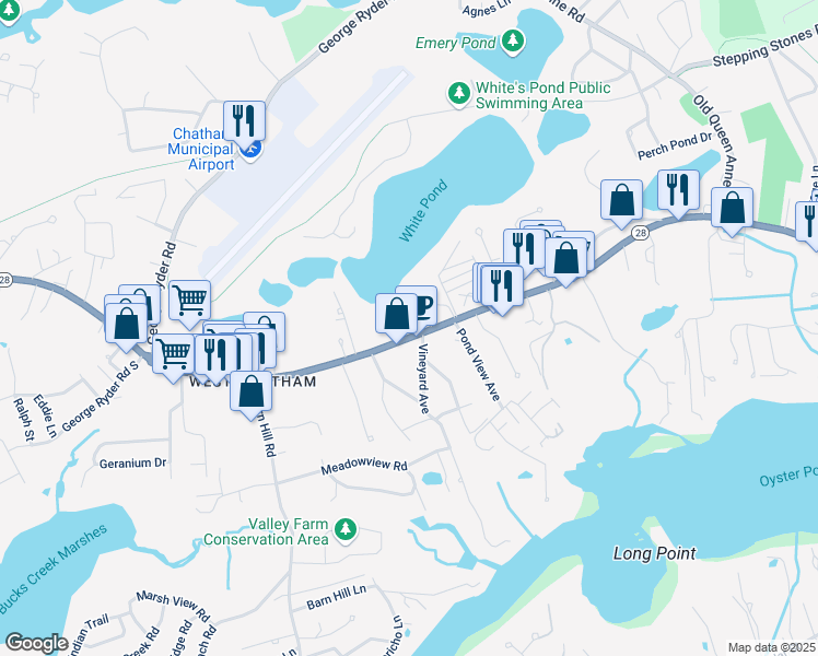 map of restaurants, bars, coffee shops, grocery stores, and more near 1388 Main Street in Chatham