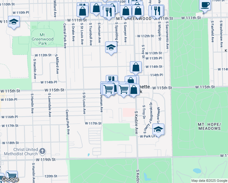 map of restaurants, bars, coffee shops, grocery stores, and more near 3200 W 116th St in Merrionette Park