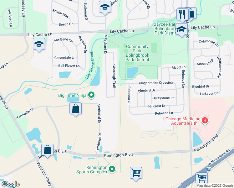 map of restaurants, bars, coffee shops, grocery stores, and more near 478 Foxborough Trail in Bolingbrook