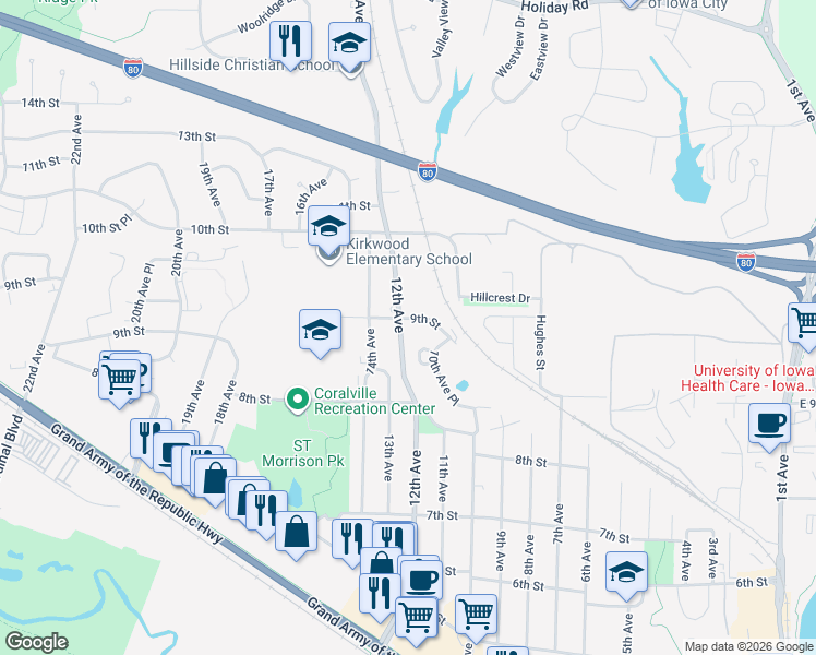 map of restaurants, bars, coffee shops, grocery stores, and more near 826 Old Macabe Circle in Coralville
