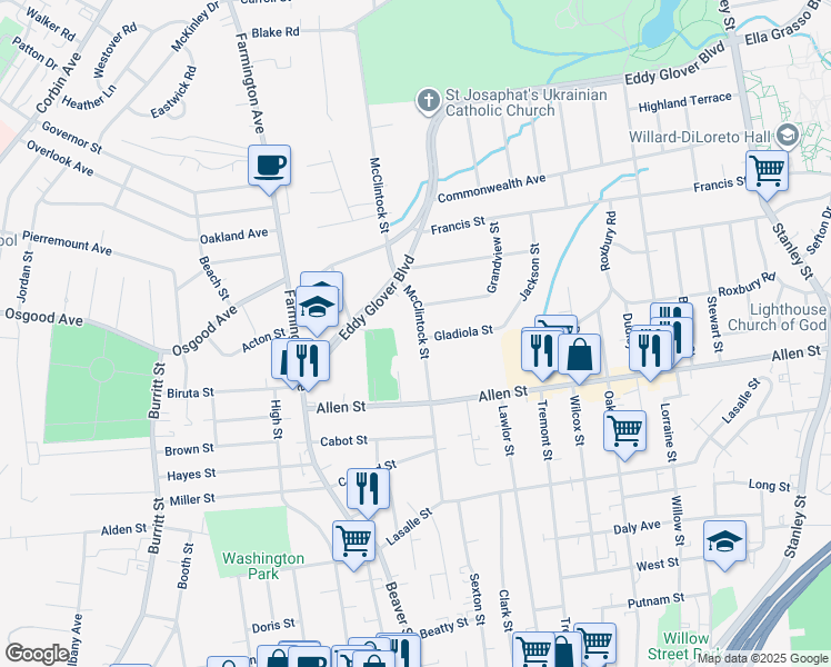 map of restaurants, bars, coffee shops, grocery stores, and more near 176 McClintock Street in New Britain